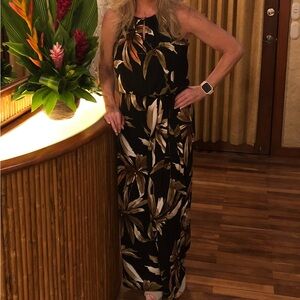 Tahari Black Tropical Print and Gold Embellished Jumpsuit Size S